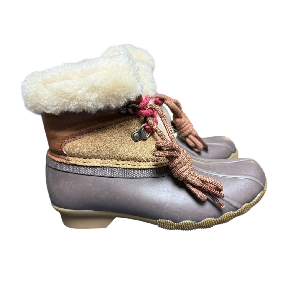 NEW Sperry Kids Sider Duck Boots Winter Fur Lined Red Laces Brown Tan Size 10M - Picture 10 of 10